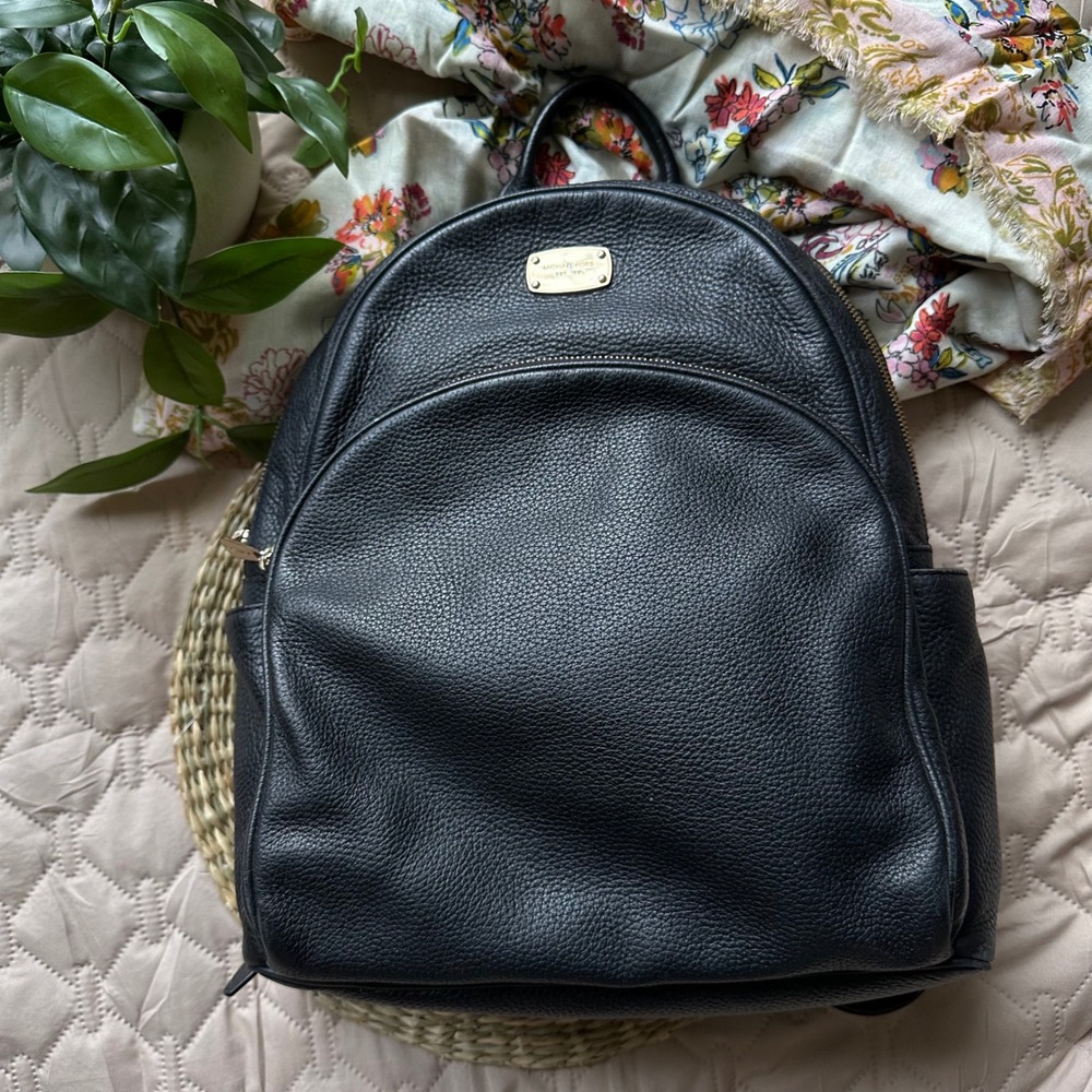 Michael Kors Abbey Large Backpack Black Pebbled Leather Gold Tone Hardware Bag